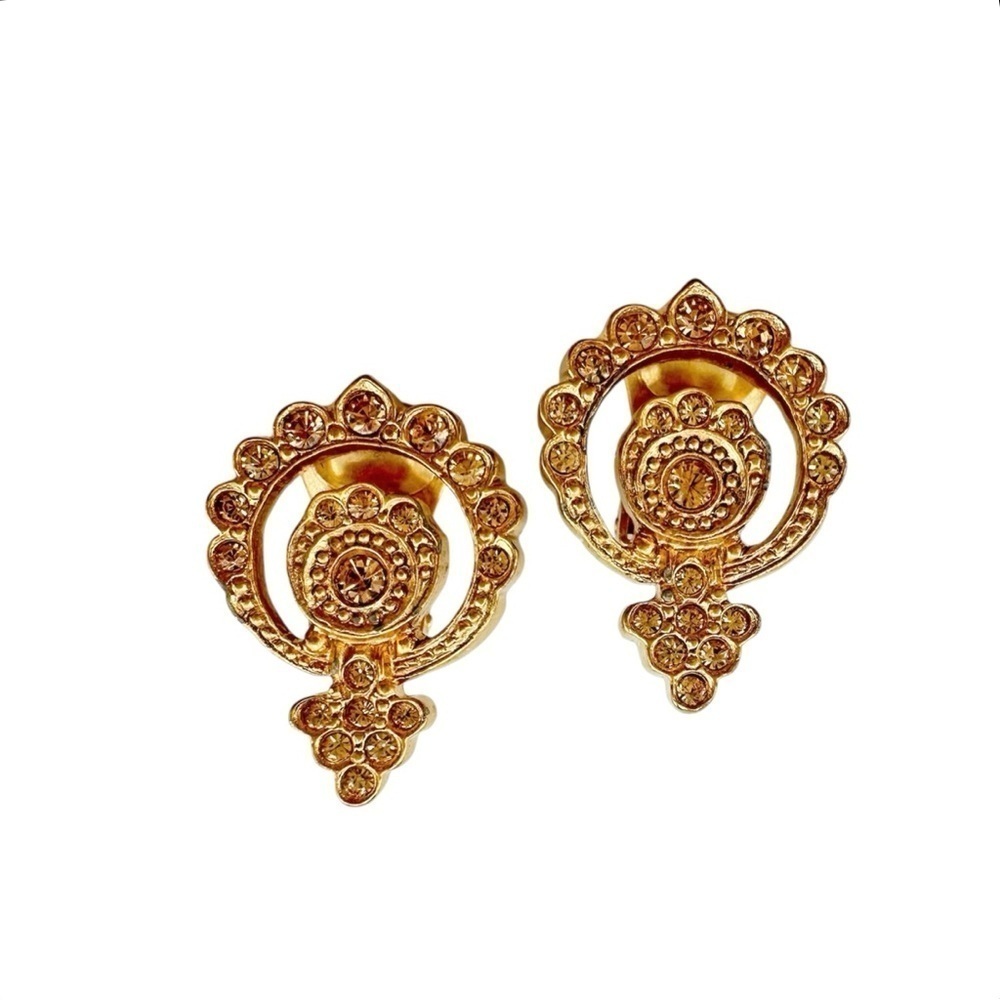 VTG Christian Dior Gold Tone Baroque Double Circles Filigree Clip Earrings